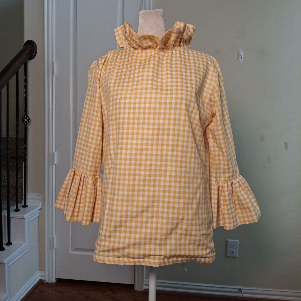 Elizabeth Wilson Yellow Gingham Blouse Top Ruffle Neck Bell Sleeve Cottagecore S